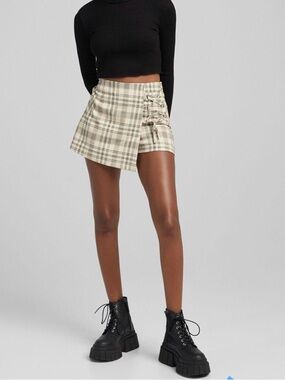 Bershka Cream Plaid Asymmetric Mini Skort with Side Lace-Up Detail